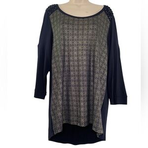 CHICO'S Navy Beaded Geometric Print High-low No Iron Tunic